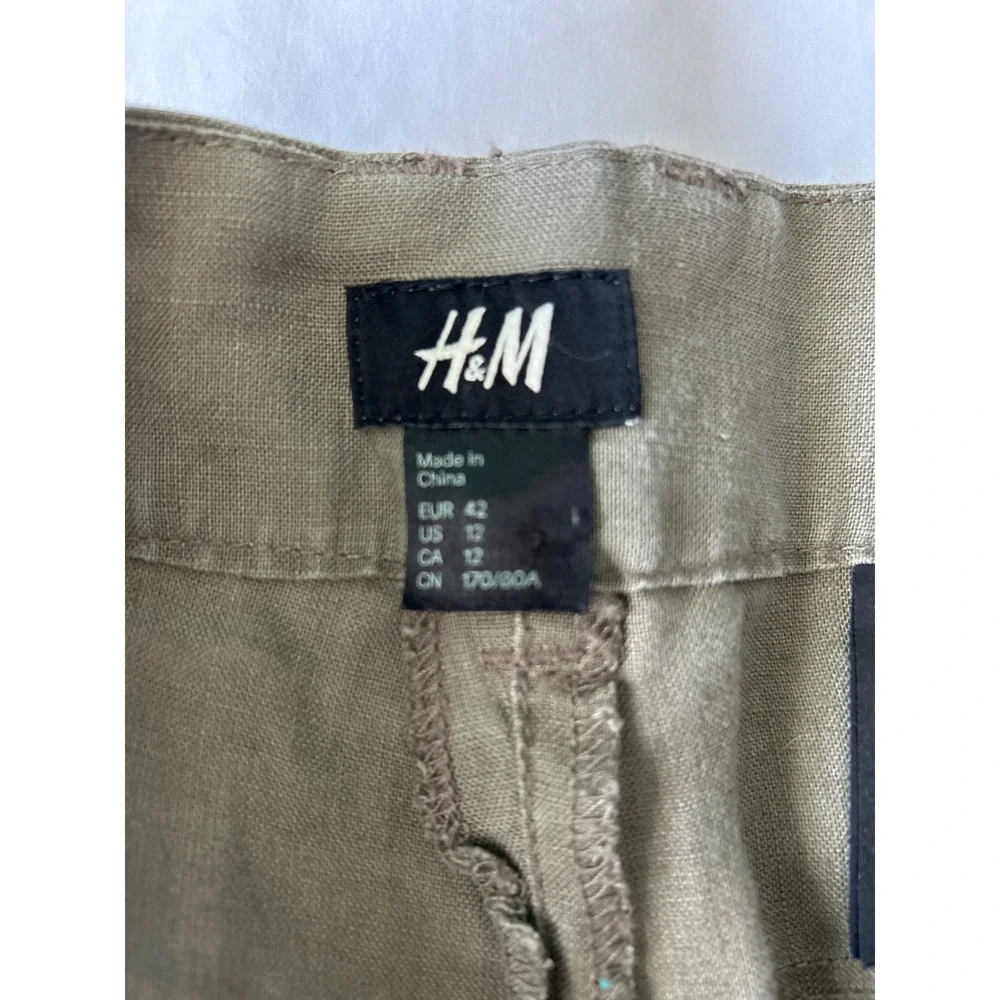 H&M Y2K Womens 100% Linen Wide Leg Trousers Olive Brown Size 12 Mid Rise Pants
